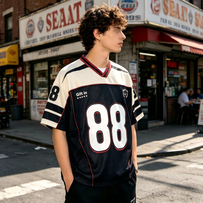 Retro Patchwork Custom Number Logo V Neck Streetwear Football Jersey