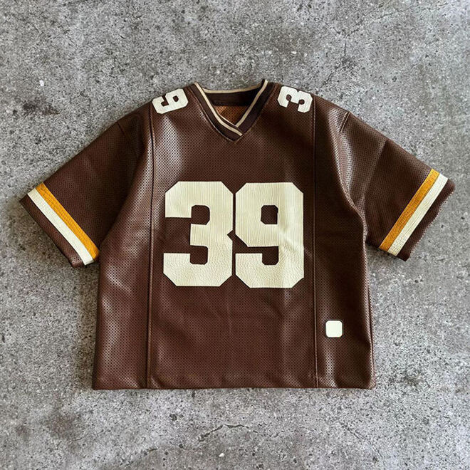 Streetwear Custom Screen Printed Oversized Baggy Cropped Retro PU Leather Baseball Jersey