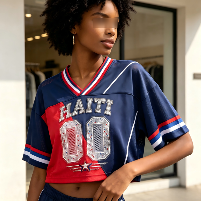 Retro Street Fashion Heavy Rhinestone Womens Cropped Jersey