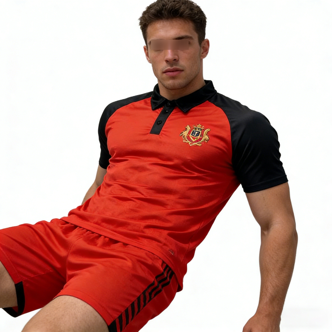 Retro Athletic Mens Red Black Contrast Polo Jersey Shorts