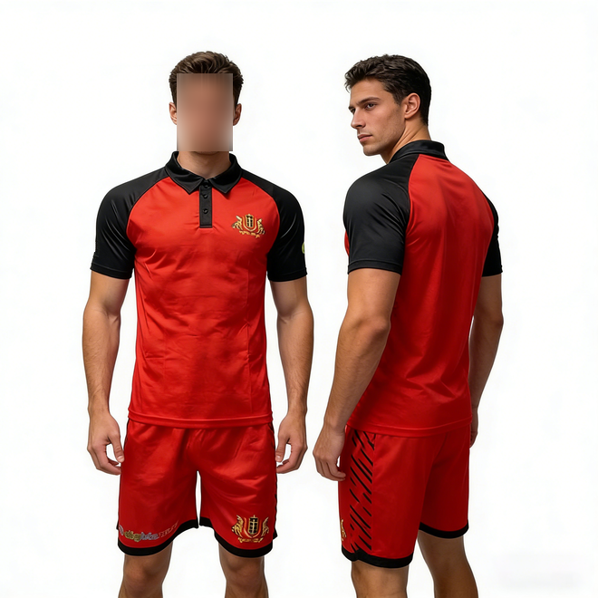 Retro Athletic Mens Red Black Contrast Polo Jersey Shorts