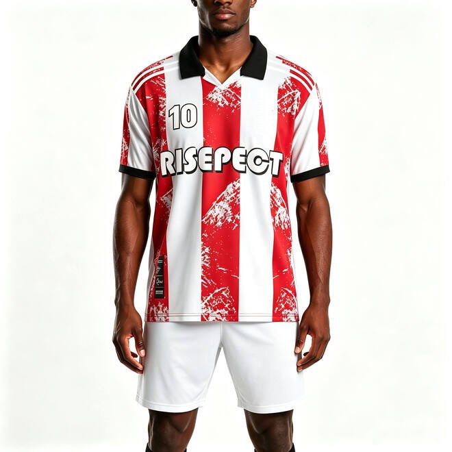 Mens Retro Red and White Striped Soccer Uniform with Polo Collar