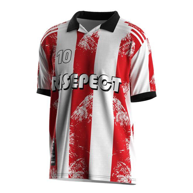 Mens Retro Red and White Striped Soccer Uniform with Polo Collar