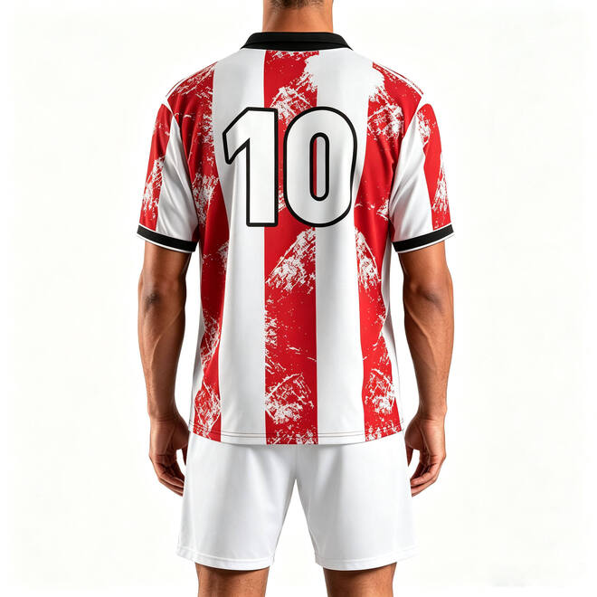 Mens Retro Red and White Striped Soccer Uniform with Polo Collar